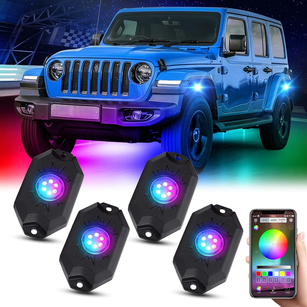 RGBW LED Rock Lights Kit, Multicolor Waterproof Neon Lights, 4 Pods Pack of 2 T719