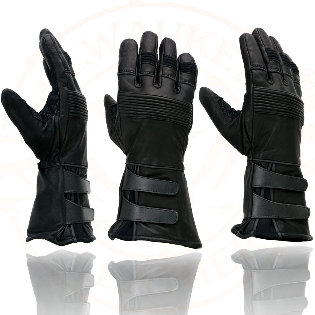 Black Cowhide Leather Gauntlet Motorcycle Gloves E45408