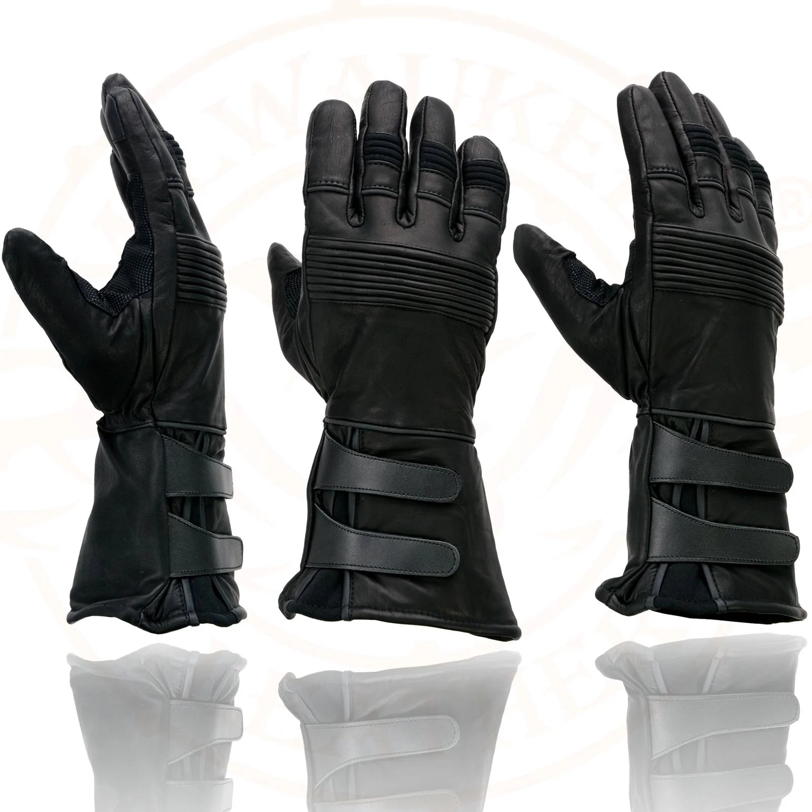Black Cowhide Leather Gauntlet Motorcycle Gloves E45408