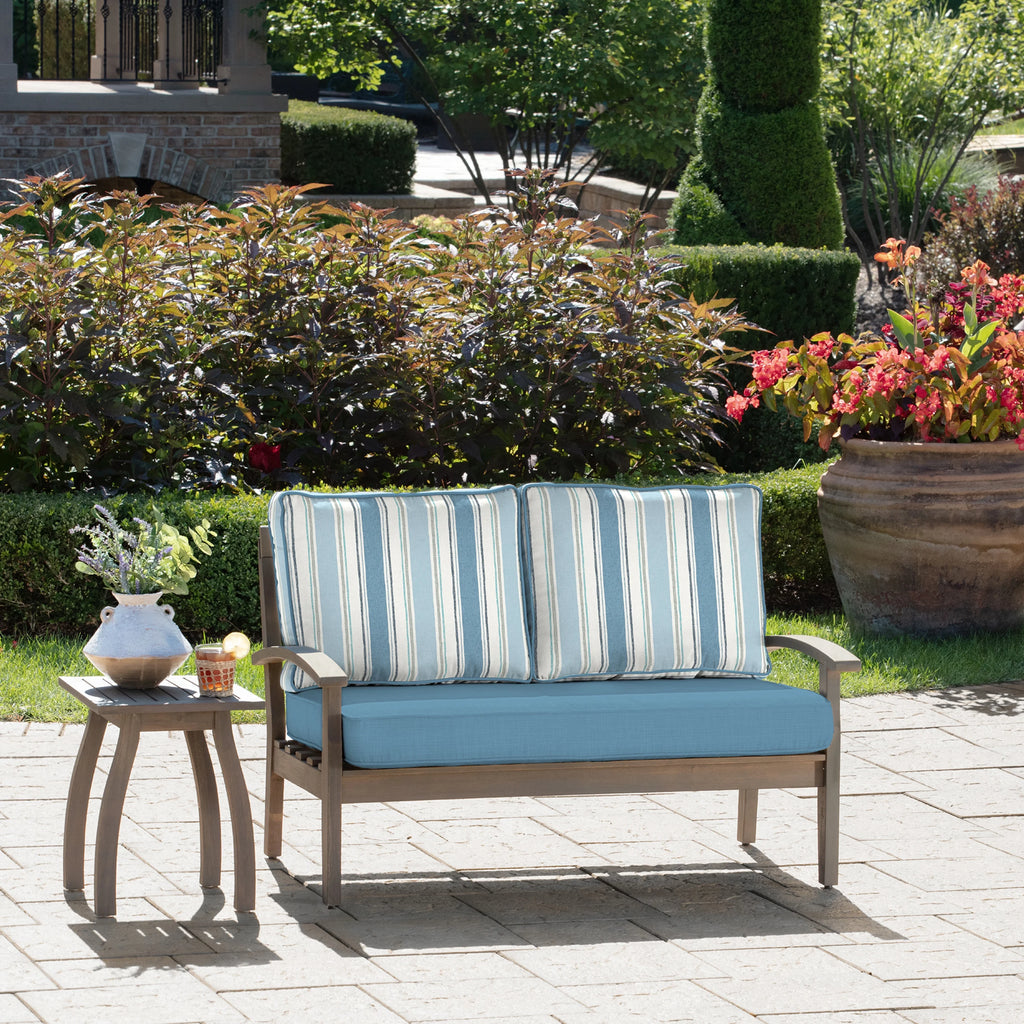 French Blue Linen Stripe Outdoor Loveseat Cushion Set J2197