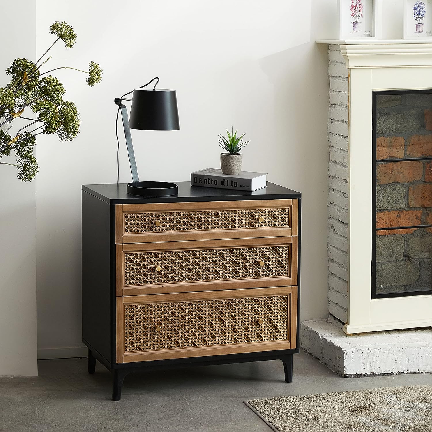 Black 2-Drawer Woven Cane Front Accent Nightstand with Brass Knobs O30508